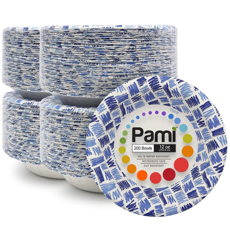 PAMI Blue Paper Bowls 12 Oz Pack of 200, Heavy Duty Disposable Microwave Safe Oil Water Cut Resistant Paper Plates and Bowls - Image 1