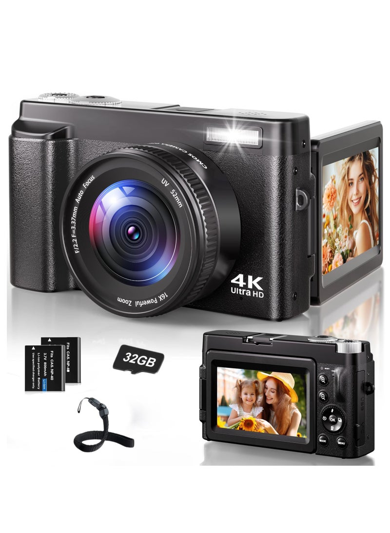 شو وو كاميرا رقمية 4K للتصوير الفوتوغرافي، كاميرا فيديو 48 ميجابكسل بتركيز تلقائي لليوتيوب مع شاشة 3 بوصة 180 درجة، تكبير رقمي 16X مضاد للاهتزاز (أسود) - Image 1