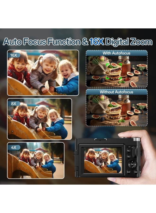 شو وو كاميرا رقمية 4K للتصوير الفوتوغرافي، كاميرا فيديو 48 ميجابكسل بتركيز تلقائي لليوتيوب مع شاشة 3 بوصة 180 درجة، تكبير رقمي 16X مضاد للاهتزاز (أسود) - Image 4