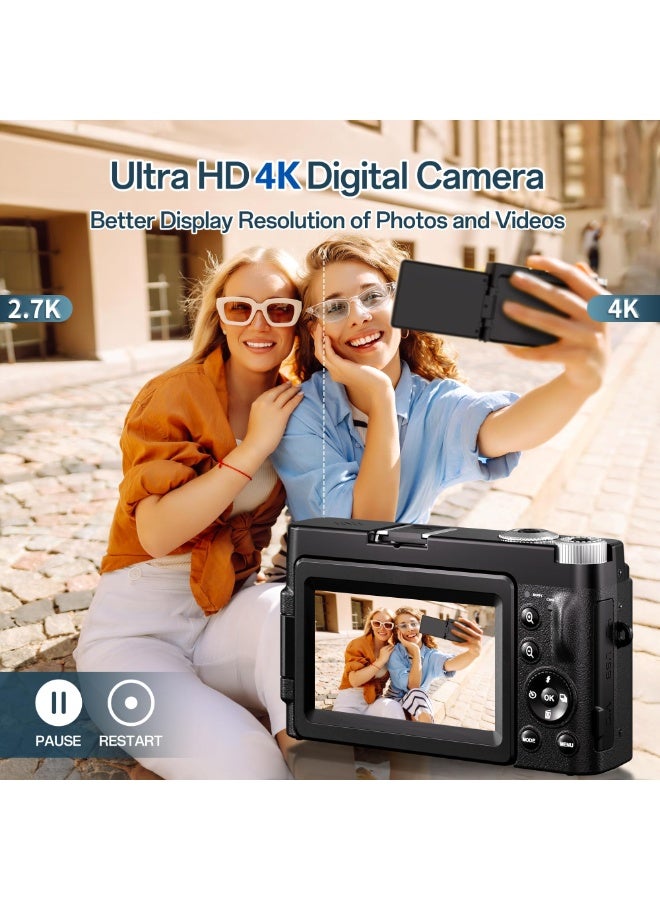 شو وو كاميرا رقمية 4K للتصوير الفوتوغرافي، كاميرا فيديو 48 ميجابكسل بتركيز تلقائي لليوتيوب مع شاشة 3 بوصة 180 درجة، تكبير رقمي 16X مضاد للاهتزاز (أسود) - Image 2