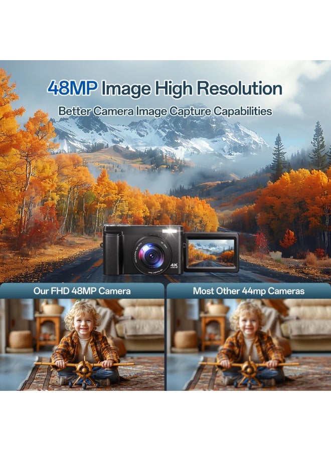 شو وو كاميرا رقمية 4K للتصوير الفوتوغرافي، كاميرا فيديو 48 ميجابكسل بتركيز تلقائي لليوتيوب مع شاشة 3 بوصة 180 درجة، تكبير رقمي 16X مضاد للاهتزاز (أسود) - Image 3