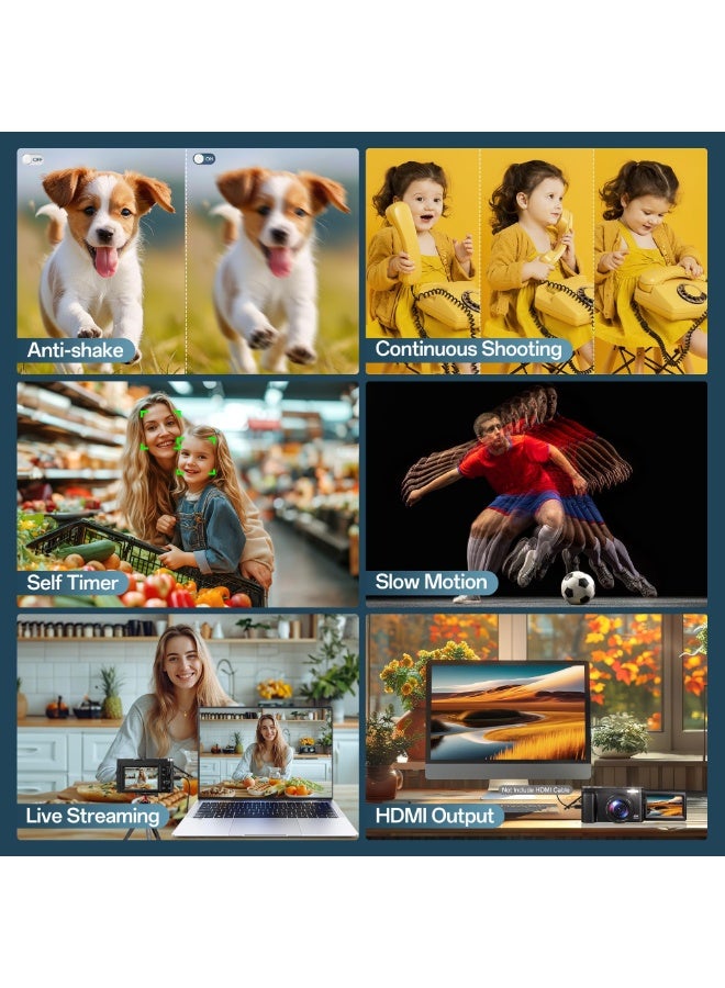 شو وو كاميرا رقمية 4K للتصوير الفوتوغرافي، كاميرا فيديو 48 ميجابكسل بتركيز تلقائي لليوتيوب مع شاشة 3 بوصة 180 درجة، تكبير رقمي 16X مضاد للاهتزاز (أسود) - Image 5