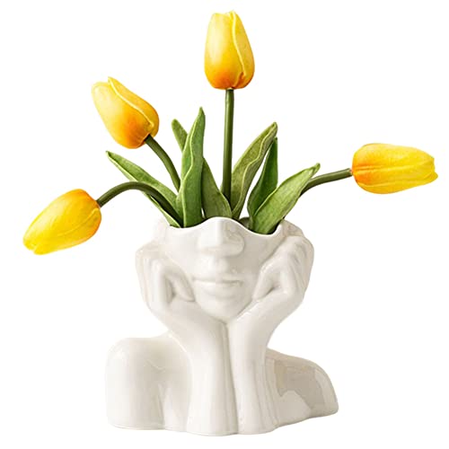 White Ceramic Face Vase Female Form Head Half Body Bust Vases Boho Feminist Minimalism Decorative Modern Nordic Style Flower Vase for Home Living Room Office Book Shelf Decor Large