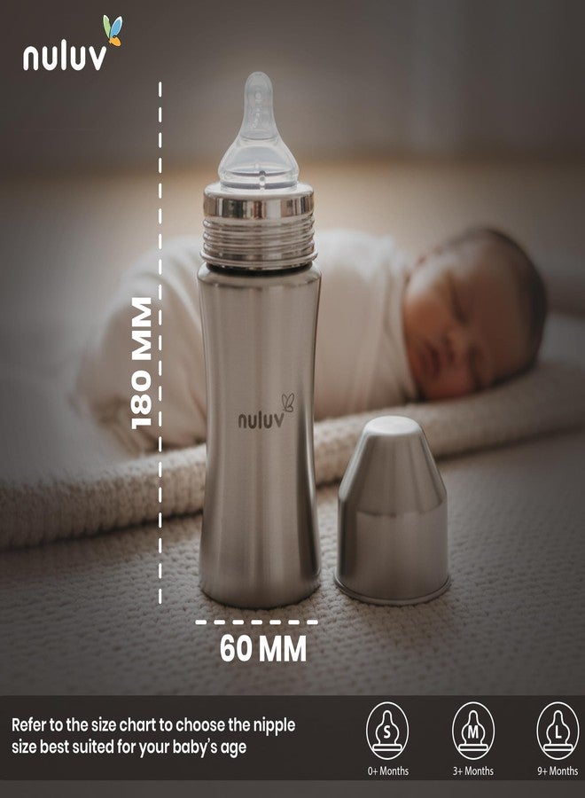 Nuluv Nourish+ Stainless Steel Wide Neck Feeding Bottle 250ml with L Size Nipple & ML Markings, 9+ Months Babies, with Anti-Colic Silicone Nipple, Food Grade, BPA-Free, Plastic-Free, BIS Certified - Image 2
