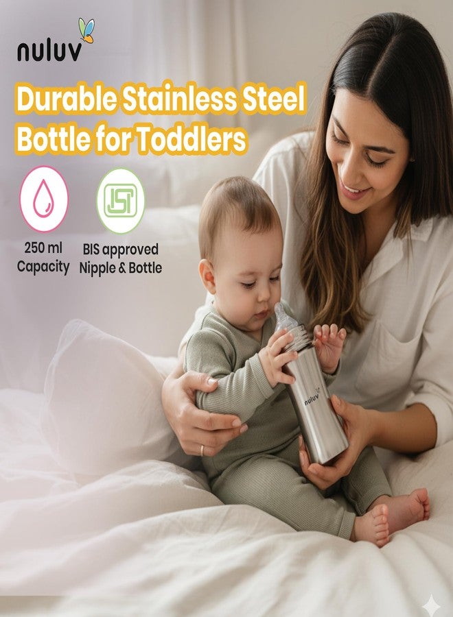 Nuluv Nourish+ Stainless Steel Wide Neck Feeding Bottle 250ml with L Size Nipple & ML Markings, 9+ Months Babies, with Anti-Colic Silicone Nipple, Food Grade, BPA-Free, Plastic-Free, BIS Certified - Image 4