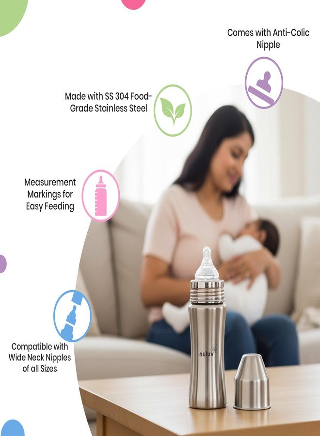 Nuluv Nourish+ Stainless Steel Wide Neck Feeding Bottle 250ml with L Size Nipple & ML Markings, 9+ Months Babies, with Anti-Colic Silicone Nipple, Food Grade, BPA-Free, Plastic-Free, BIS Certified - Image 3
