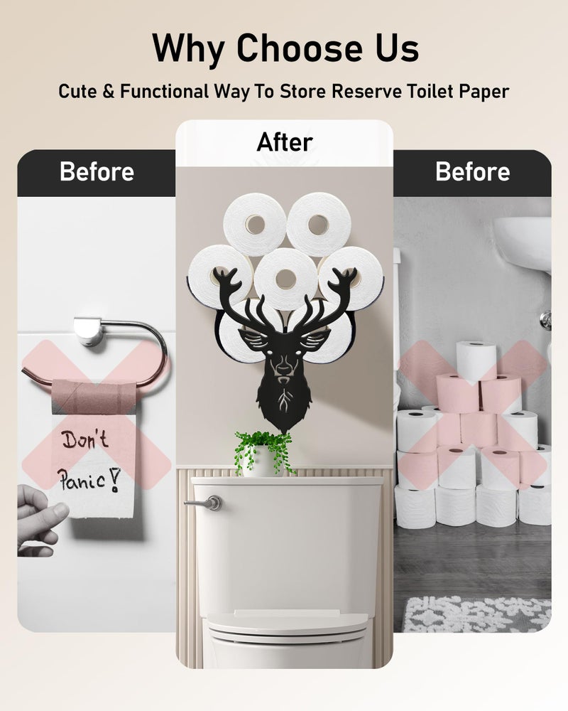 Wigag Deer Head Toilet Paper Holder for Extra 8 Rolls  Funny Decorative Toilet Paper Storage Wall Mounted  Farmhouse Bathroom Animal Decor Accessoris Storage Cabinet - Image 4