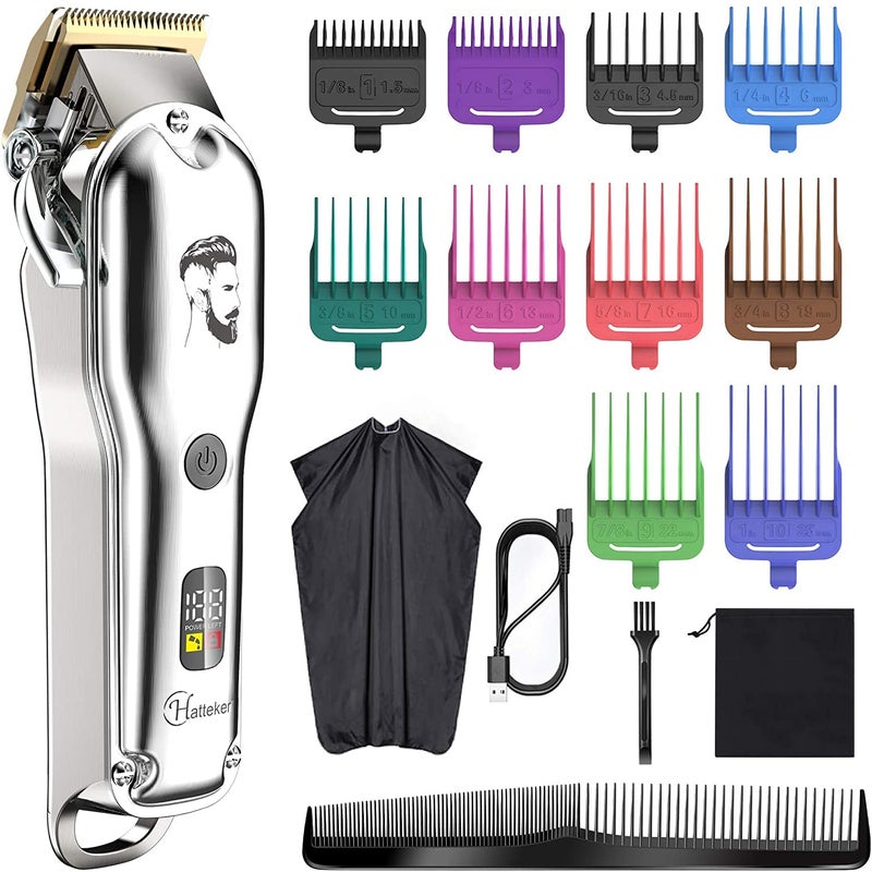 Hatteker Mens Hair Clipper Beard Trimmer Hair Trimmer for Men Cordless Clippers Professional Barbers Grooming Kit IPX7 Waterproof, Rechargeable, Colorful Combs, Silver - Image 1