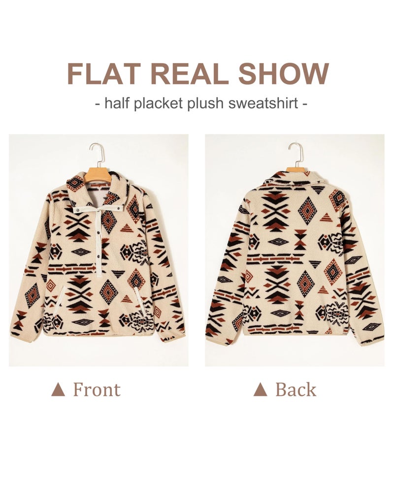 SELINK Womens Western Aztec Sweatshirt Half Placket Plush Casual Ethnic Tribal Fleece Long Sleeve Pullover Tops Beige-L - Image 3