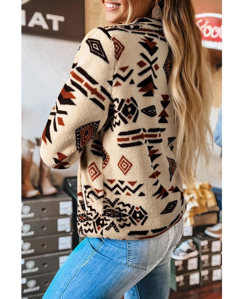 SELINK Womens Western Aztec Sweatshirt Half Placket Plush Casual Ethnic Tribal Fleece Long Sleeve Pullover Tops Beige-L - Image 2