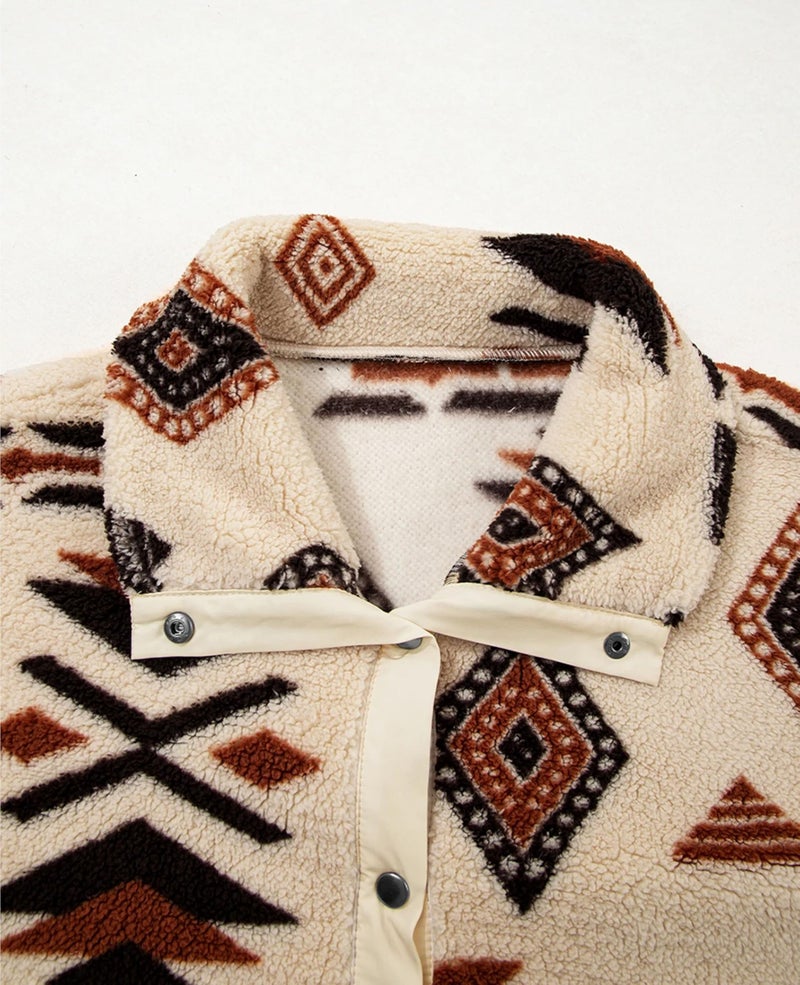 SELINK Womens Western Aztec Sweatshirt Half Placket Plush Casual Ethnic Tribal Fleece Long Sleeve Pullover Tops Beige-L - Image 4
