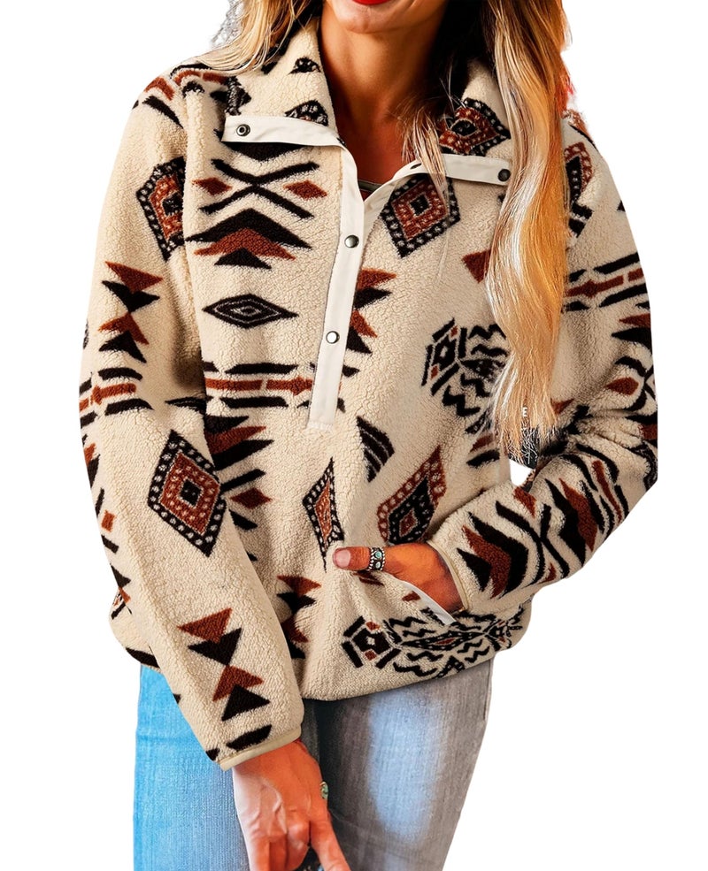 SELINK Womens Western Aztec Sweatshirt Half Placket Plush Casual Ethnic Tribal Fleece Long Sleeve Pullover Tops Beige-L - Image 1