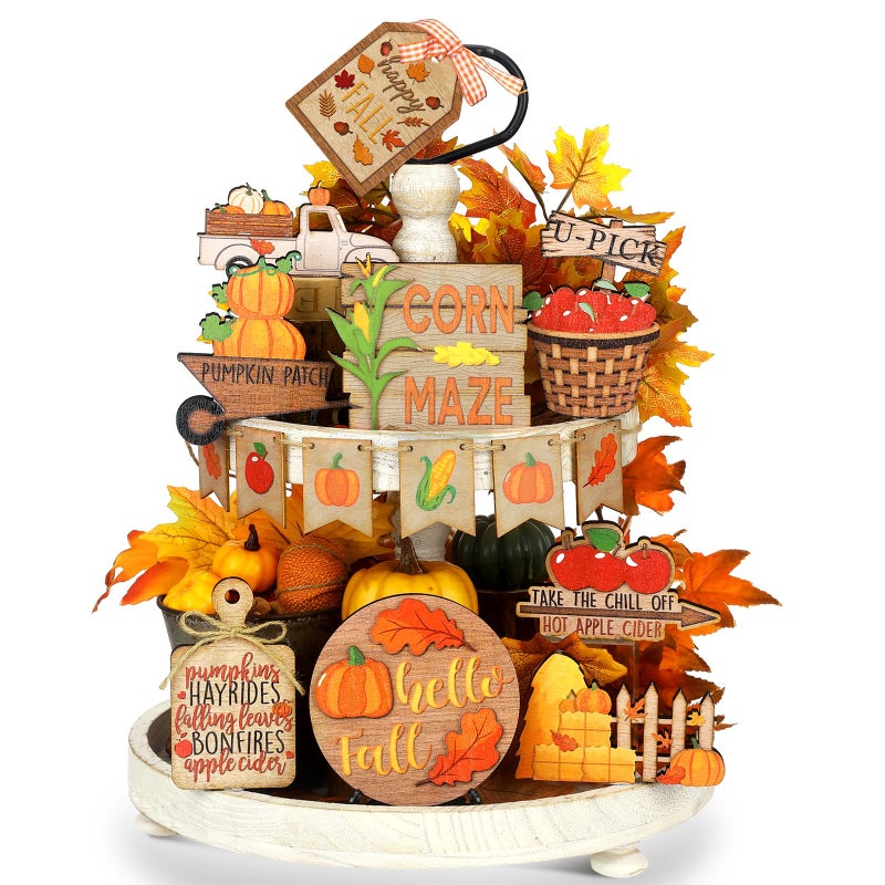 BBTO Set of 15 Thanksgiving Fall Tiered Tray Decor Pumpkins Farmhouse Decor Autumn Maple Leaf Table Centerpieces Harvest Wood Blocks Signs for HomeHarvest Style - Image 2