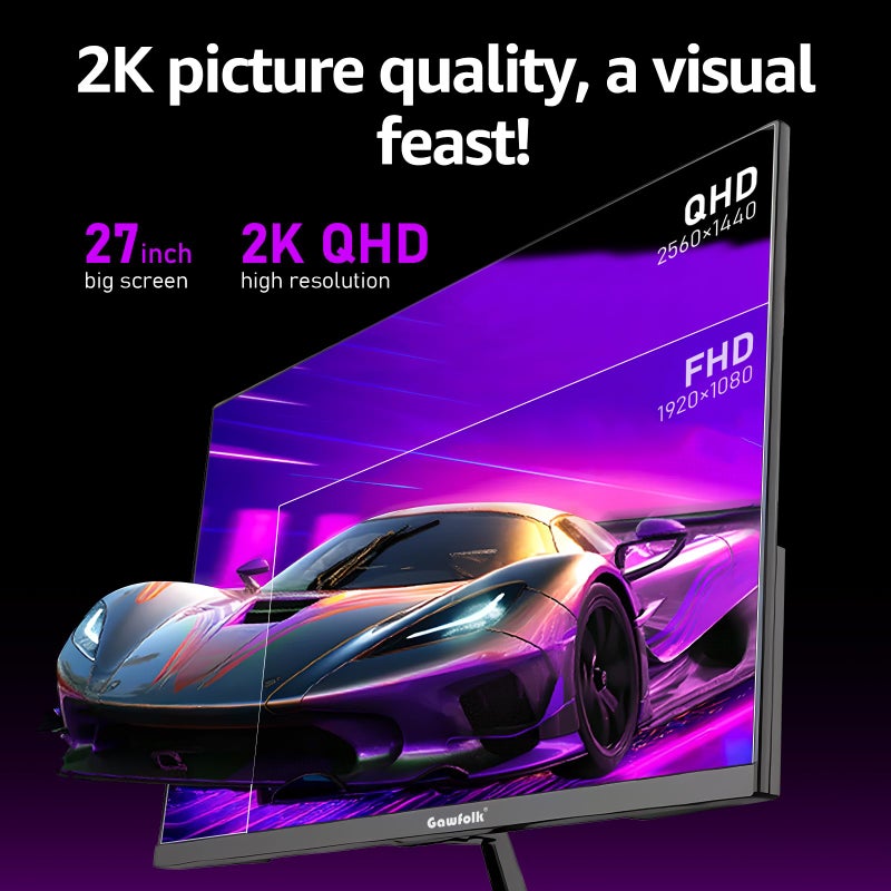 Gawfolk شاشة الألعاب غوفولك 27 بوصة QHD IPS، شاشة كمبيوتر 120Hz 2K (2560×1440P)، شاشة كمبيوتر فائقة النحافة بدون إطار للمكتب المنزلي والأعمال، DP، HDMI، قابلة للتعليق على الحائط - Image 3