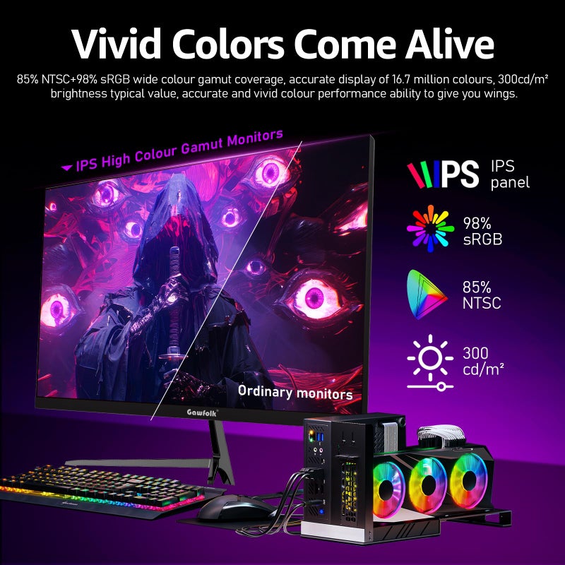 Gawfolk شاشة الألعاب غوفولك 27 بوصة QHD IPS، شاشة كمبيوتر 120Hz 2K (2560×1440P)، شاشة كمبيوتر فائقة النحافة بدون إطار للمكتب المنزلي والأعمال، DP، HDMI، قابلة للتعليق على الحائط - Image 2