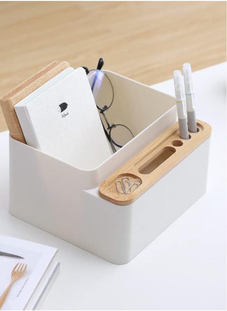 Perfii Multipurpose Office Desktop Tidy Holder Pen Scissor Phone Notebook Glasses Remote Control Makeup Brush Container for Home Office Bamboo Desk Organizer Storage Box  - Image 2