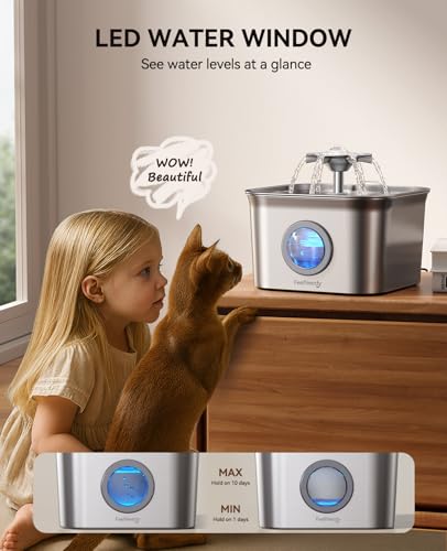 FEELNEEDY Stainless Steel Cat Water Fountain, 99oz/2.8L Auto Pet Drinking Fountain with 20dB Ultra-Quiet Pump- Ideal for Timid Pets, LED Water Level Window, Dishwasher Safe, 24/7 Circulating Flow - FEELNEEDY - Image 5