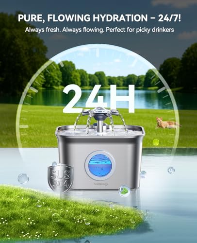 FEELNEEDY Stainless Steel Cat Water Fountain, 99oz/2.8L Auto Pet Drinking Fountain with 20dB Ultra-Quiet Pump- Ideal for Timid Pets, LED Water Level Window, Dishwasher Safe, 24/7 Circulating Flow - FEELNEEDY - Image 2