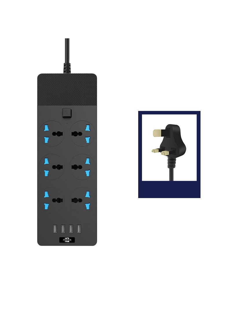 سلك تمديد شرائط الطاقة 6 منافذ، محول قابس عالمي مع 4 منافذ USB واقي من زيادة التيار الكهربائي، مقبس شحن مع سلك تمديد جريء بطول 2 متر أسود  - Image 1