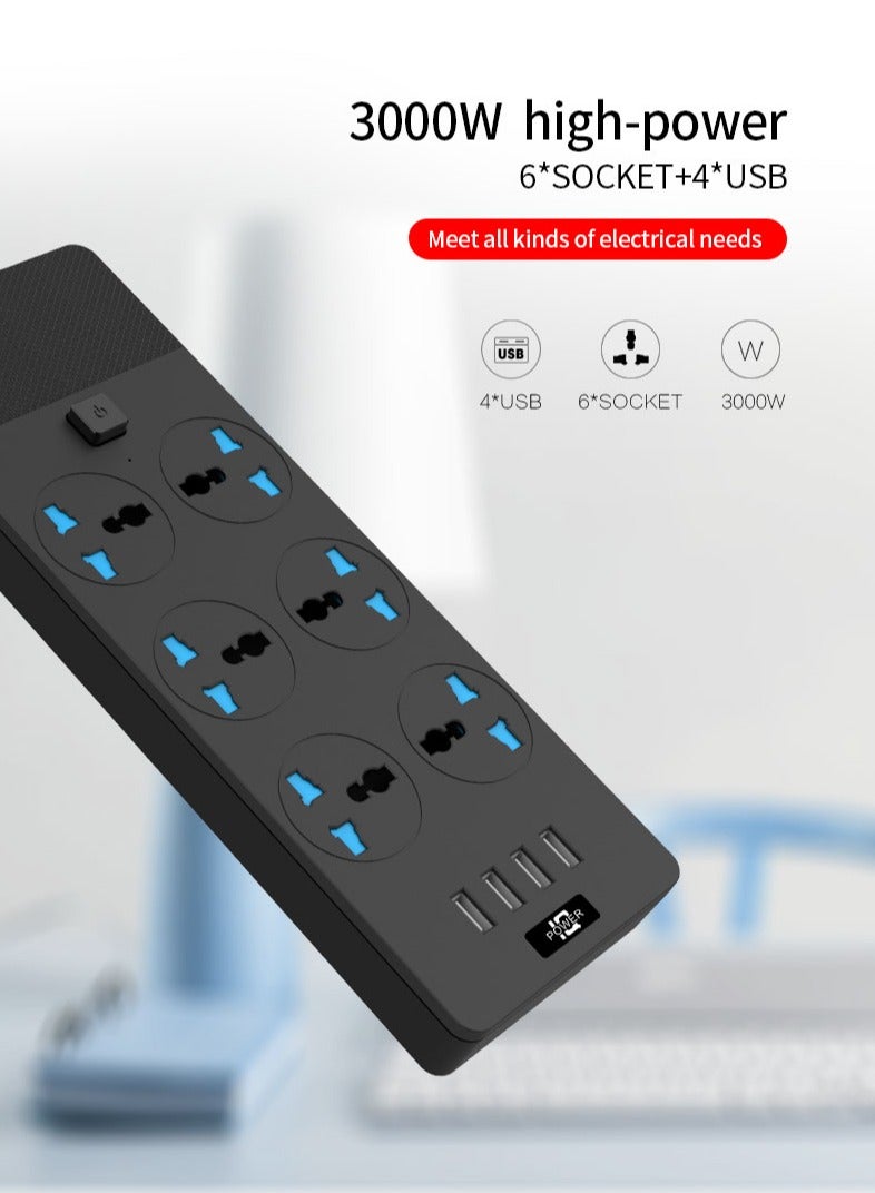 سلك تمديد شرائط الطاقة 6 منافذ، محول قابس عالمي مع 4 منافذ USB واقي من زيادة التيار الكهربائي، مقبس شحن مع سلك تمديد جريء بطول 2 متر أسود  - Image 2