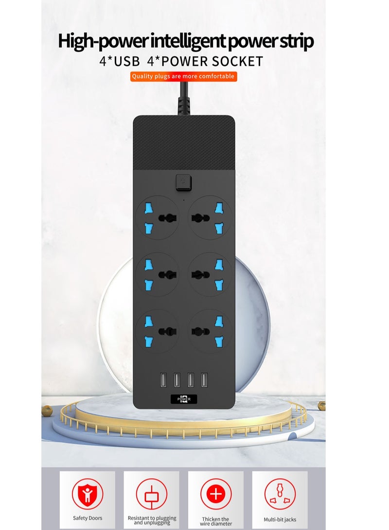 سلك تمديد شرائط الطاقة 6 منافذ، محول قابس عالمي مع 4 منافذ USB واقي من زيادة التيار الكهربائي، مقبس شحن مع سلك تمديد جريء بطول 2 متر أسود  - Image 3
