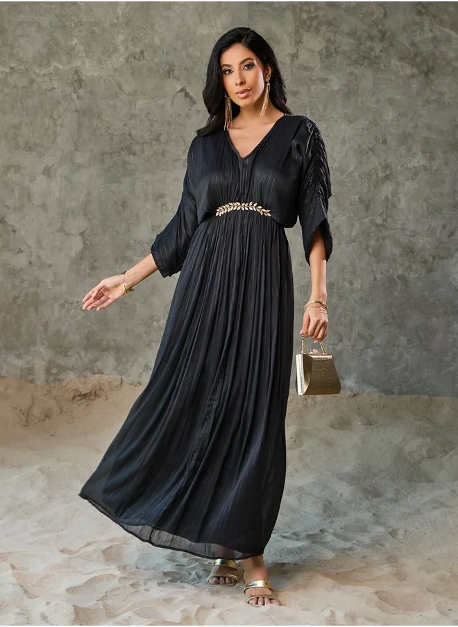 ستايلي Embellished Lurex Striped Gathered Detail A-Line Maxi Dress