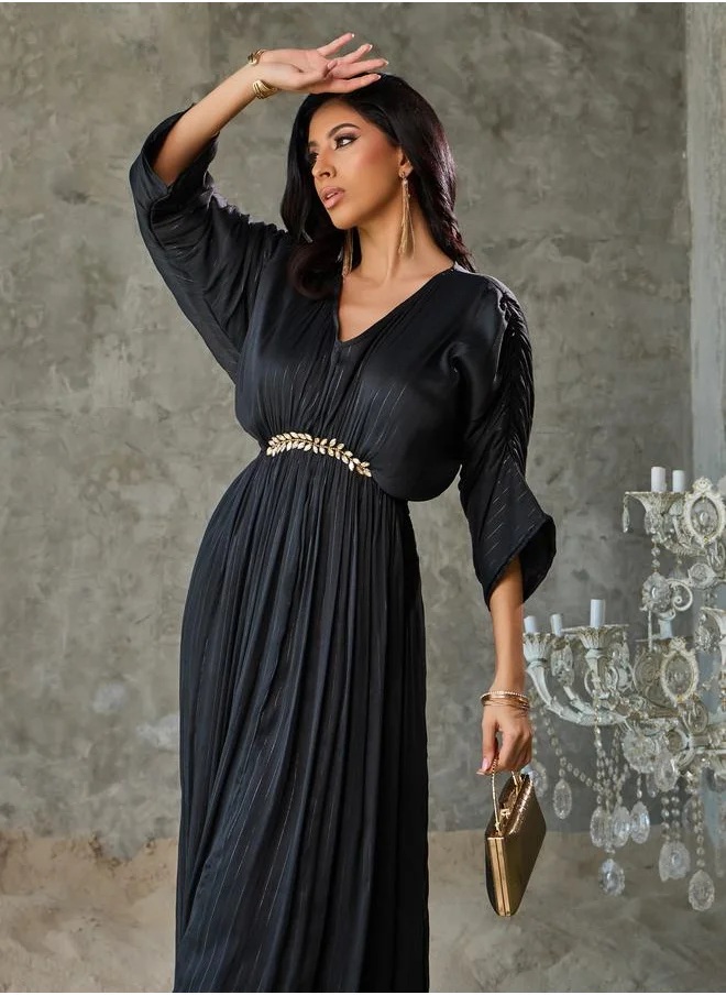 ستايلي Embellished Lurex Striped Gathered Detail A-Line Maxi Dress