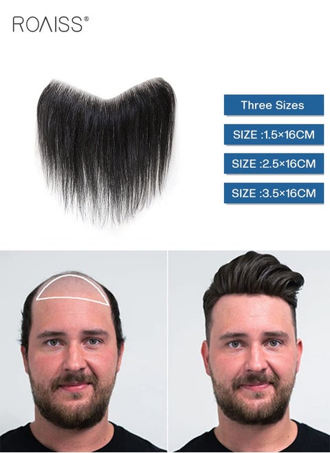 Men's Hairline Toupee, 100% Real Human Hair Forehead Hairline Replacement for Men, V-Shape Frontal Hair Topper Soft Thin Skin Base Natural Hairline (3.5x16cm, Black)