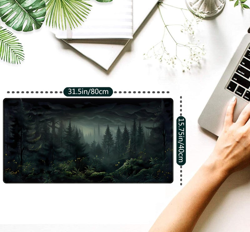 Mechanical Cattle Cute Dark Gloomy Forest Desk Mat, Gothic XXL Large Extended Gaming Mouse Pad Mat, Non-Slip Rubber Base Mousepad Computer Keyboard and Mouse Mat, Desk Pad with Stitched Edges, 31.5x15.75 in - Image 2