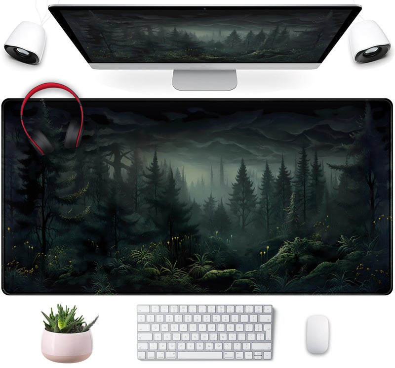Mechanical Cattle Cute Dark Gloomy Forest Desk Mat, Gothic XXL Large Extended Gaming Mouse Pad Mat, Non-Slip Rubber Base Mousepad Computer Keyboard and Mouse Mat, Desk Pad with Stitched Edges, 31.5x15.75 in - Image 1
