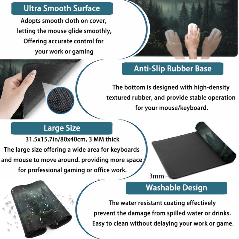 Mechanical Cattle Cute Dark Gloomy Forest Desk Mat, Gothic XXL Large Extended Gaming Mouse Pad Mat, Non-Slip Rubber Base Mousepad Computer Keyboard and Mouse Mat, Desk Pad with Stitched Edges, 31.5x15.75 in - Image 3