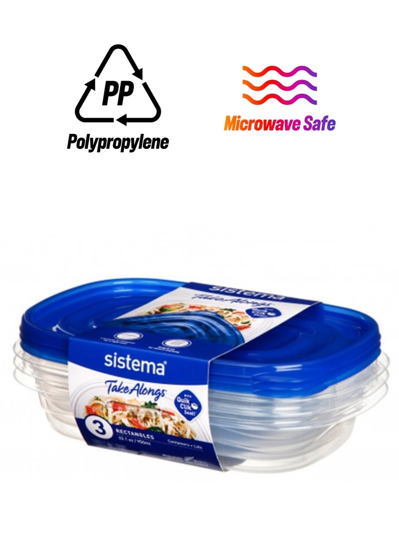 sistema - Sistema Takealongs Square food storage, Clear with blue lid, 669ML, Pack of 4, Phthlate & BPA free and Dishwasher & Microwave Safe. - Image 1