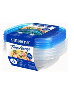 sistema Sistema Takealongs Square food storage, Clear with blue lid, 669ML, Pack of 4, Phthlate & BPA free and Dishwasher & Microwave Safe.  - Image 2