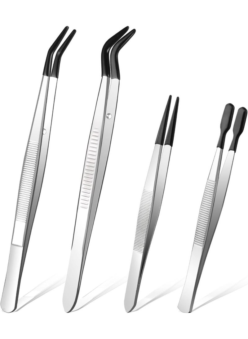 Gonice Precision tweezers, 4 pieces tweezers with rubber tips, anti-static stainless steel tweezers including straight tip, flat tip, long curved tweezers for crafts, jewellery making, laboratory - Image 1