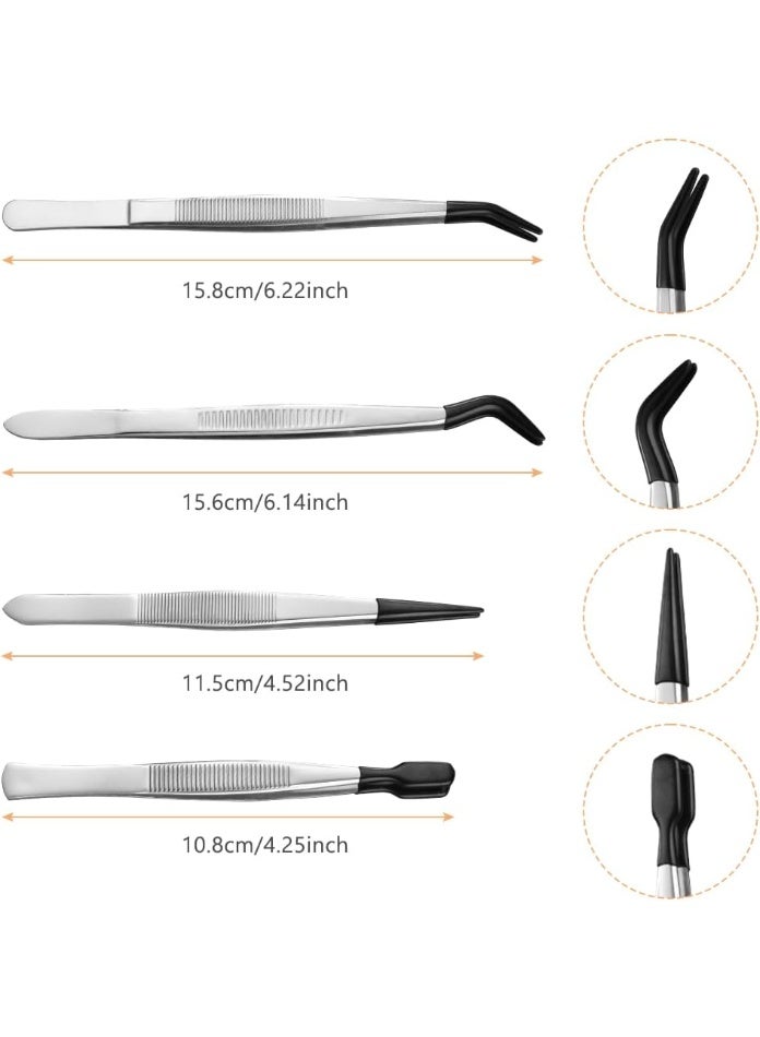 Gonice Precision tweezers, 4 pieces tweezers with rubber tips, anti-static stainless steel tweezers including straight tip, flat tip, long curved tweezers for crafts, jewellery making, laboratory - Image 3