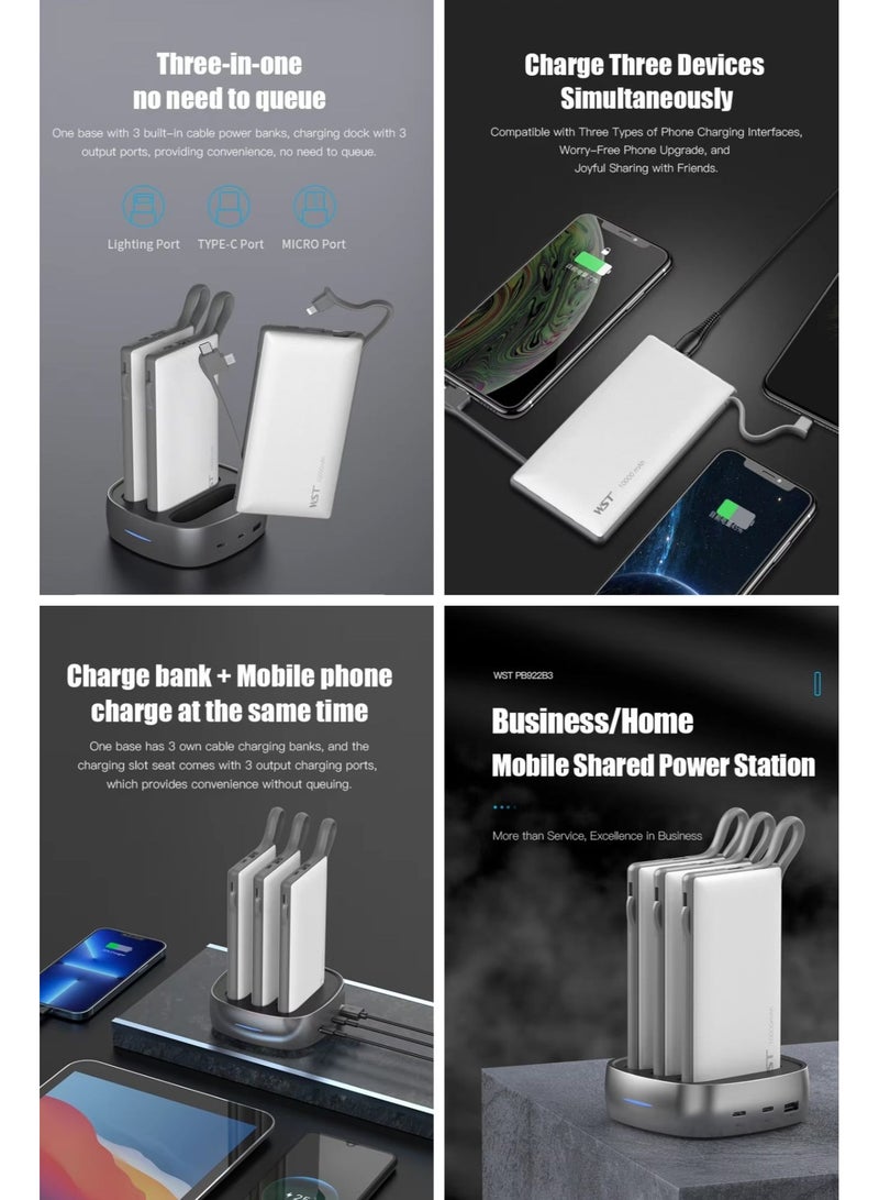 WST 3-Pack Portable Ultra Slim Power Banks, 10000 mAh Each, LED Digital Display PD Fast Charging, Shared Charging Dock Station for Home, Cafe, Office, Hotel, Restaurant, etc. (Color: White) - Image 2