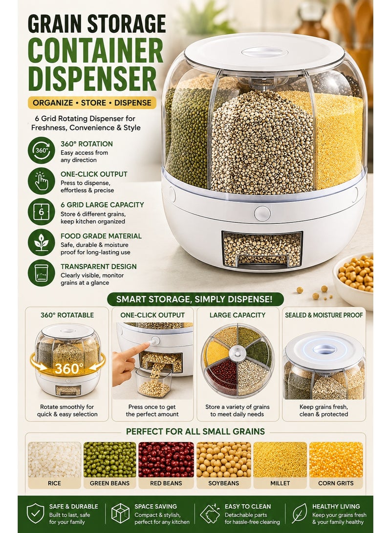 Grain Storage Container Dispenser, 6 Grid Rotating dispenser, 360° Rotating food dispenser One-Click Output rice Storage Round Grain Dispenser Kitchen for Small Grains, Beans, Rice