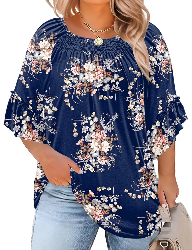 Micoson 3/4 Length Sleeve Womens Tops Plus Size Peasant Tops for Women Boho Blouse Cotton Tops for Women Loose Fit Summer Shirt - Image 1