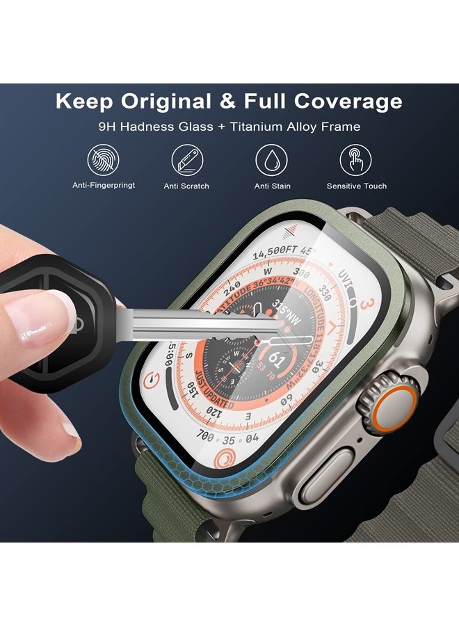 wsken for Apple Watch Ultra Screen Protector 49mm,9H Tempered Glass + Titanium Alloy Frame, [Keep Original] [Touch Sensitive] Lightweight Protective Glass Film for iwatch Ultra 2 Pack,Green - Image 2