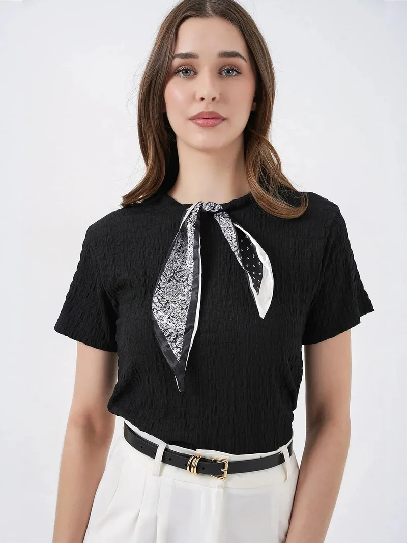 بيغ دارت BDART Textured Crew Neck Blouse with Scarf Detail