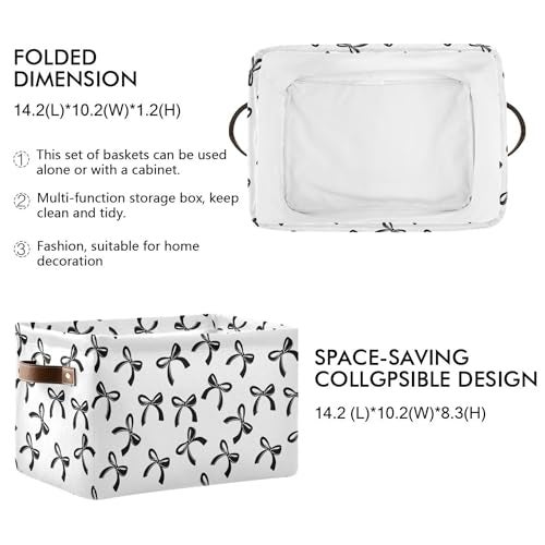 Wamika Bow Black White Storage Basket with Waterproof Liner and PU Handles Bowknot Coquette Storage Bins Boxes 142 Collapsible Decorative Organizer Baskets for Bedroom Closet Office 1 Pack - Image 3