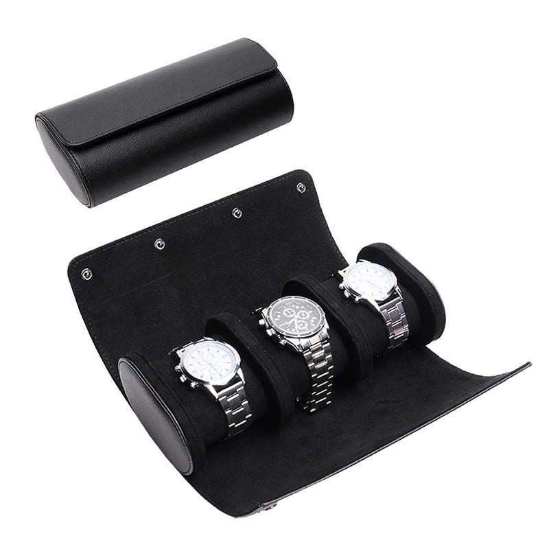 ROSELLE Watch Roll Travel Case for Men and Women 3 Watch Storage and OrganizerSecure Storage with Innovative Removable Pillows  Solid Dividers for Home Storage Travel and DisplayBlack Cross