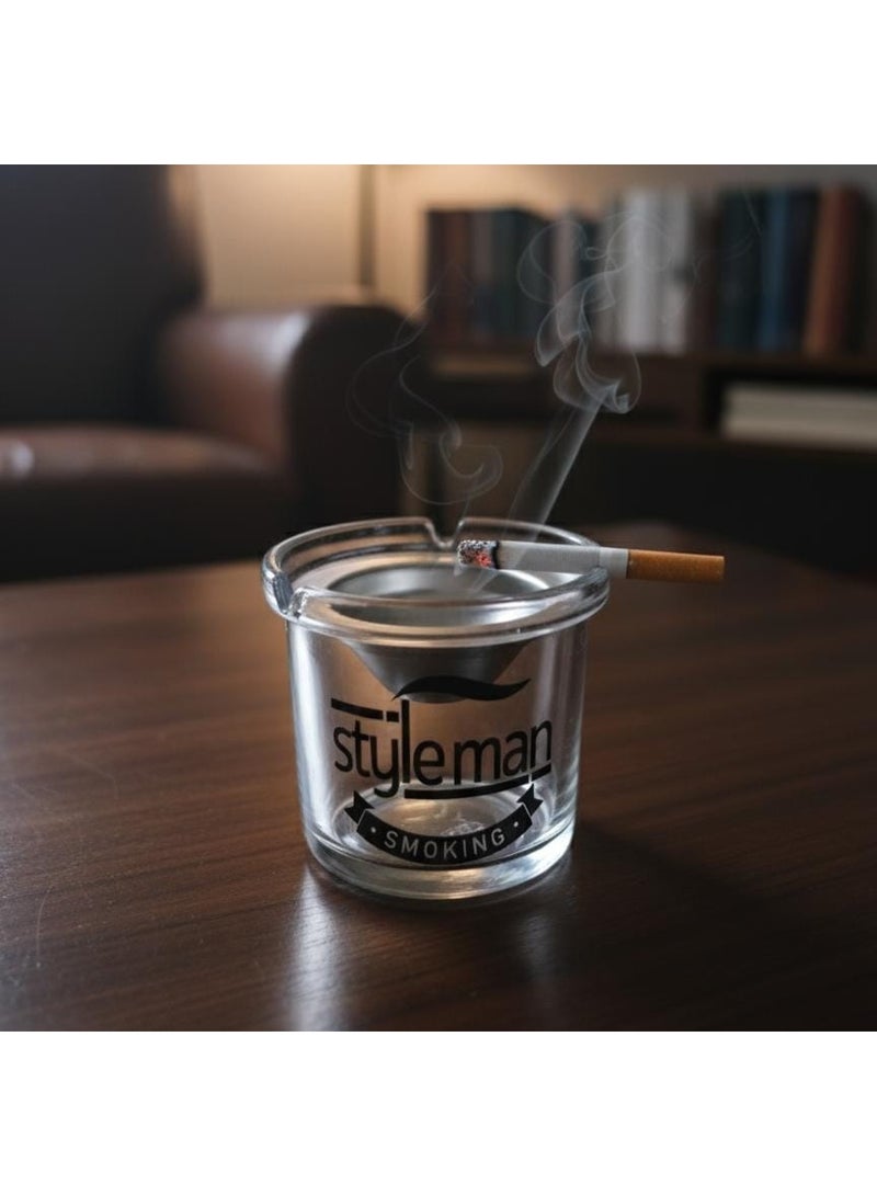 AKDC Glass Ashtray with Steel Top – Modern Round Design Featuring Stylish Man Smoking Logo, Elegant Tabletop Piece - Image 2