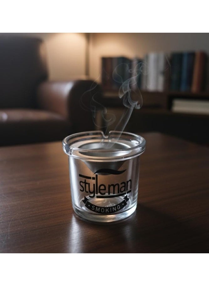 AKDC Glass Ashtray with Steel Top – Modern Round Design Featuring Stylish Man Smoking Logo, Elegant Tabletop Piece - Image 1