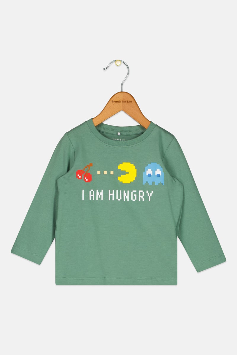 NAME IT تي شيرت بأكمام طويلة للأولاد الصغار، مطبوع برسومات، أخضر - Image 1