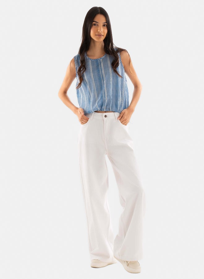 Premoda Women Wide Leg Denim Pants Cotton White - Image 1