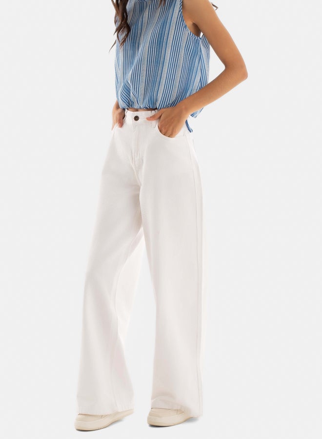 Premoda Women Wide Leg Denim Pants Cotton White - Image 3