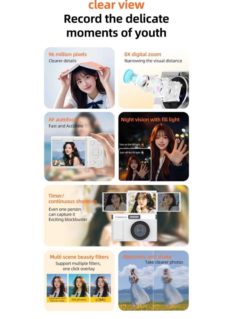 كاميرا CCD مزدوجة عالية الدقة 9600 واط، 4K، غطاء قابل للطي، سيلفي، سفر الطلاب إلى الحرم الجامعي، كاميرا محمولة (64 جيجابايت مجانية) - Image 3