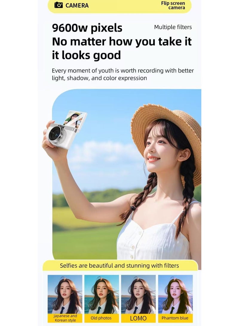 كاميرا CCD مزدوجة عالية الدقة 9600 واط، 4K، غطاء قابل للطي، سيلفي، سفر الطلاب إلى الحرم الجامعي، كاميرا محمولة (64 جيجابايت مجانية) - Image 5