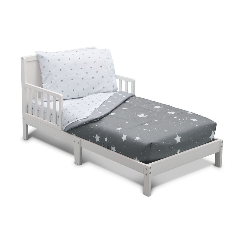 Delta CHILDREN Delta 4-Piece Reversible Toddler Bedding Set - Fitted Sheet, Top Sheet, Pillowcase, 2-in-1 Comforter - For Boys, Dusty Skies & Grey Stars - Image 1
